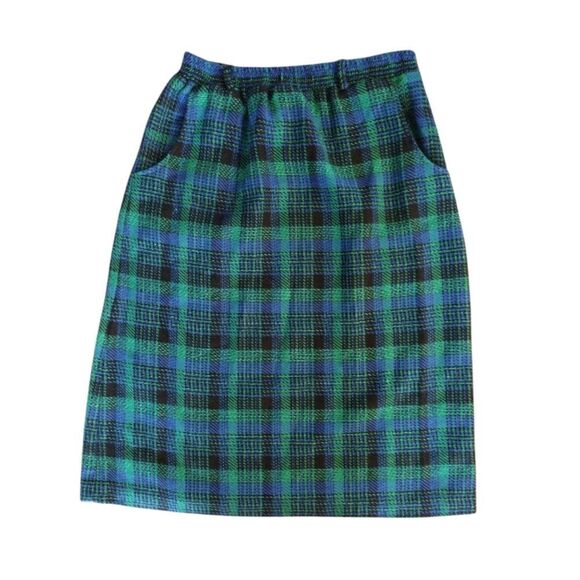 VTG Green Blue Plaid High Rise Pull On Wool Blend Midi Skirt Size 14 (*Large) - Picture 2 of 15